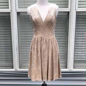 Verty Tan Crushed Velvet Sleeveless V-Neck Open Back Fit & Flare Dress size S